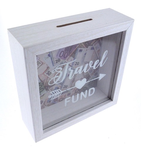 Witte houten Spaarpot, Travel Fund