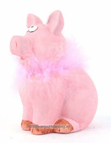 Spaarvarken staande Piggy met roze boa