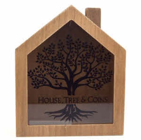 Spaarpot van hout, House, Tree & Coins