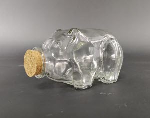 Glazen voorraad- spaar-pot Varken met kurken neus